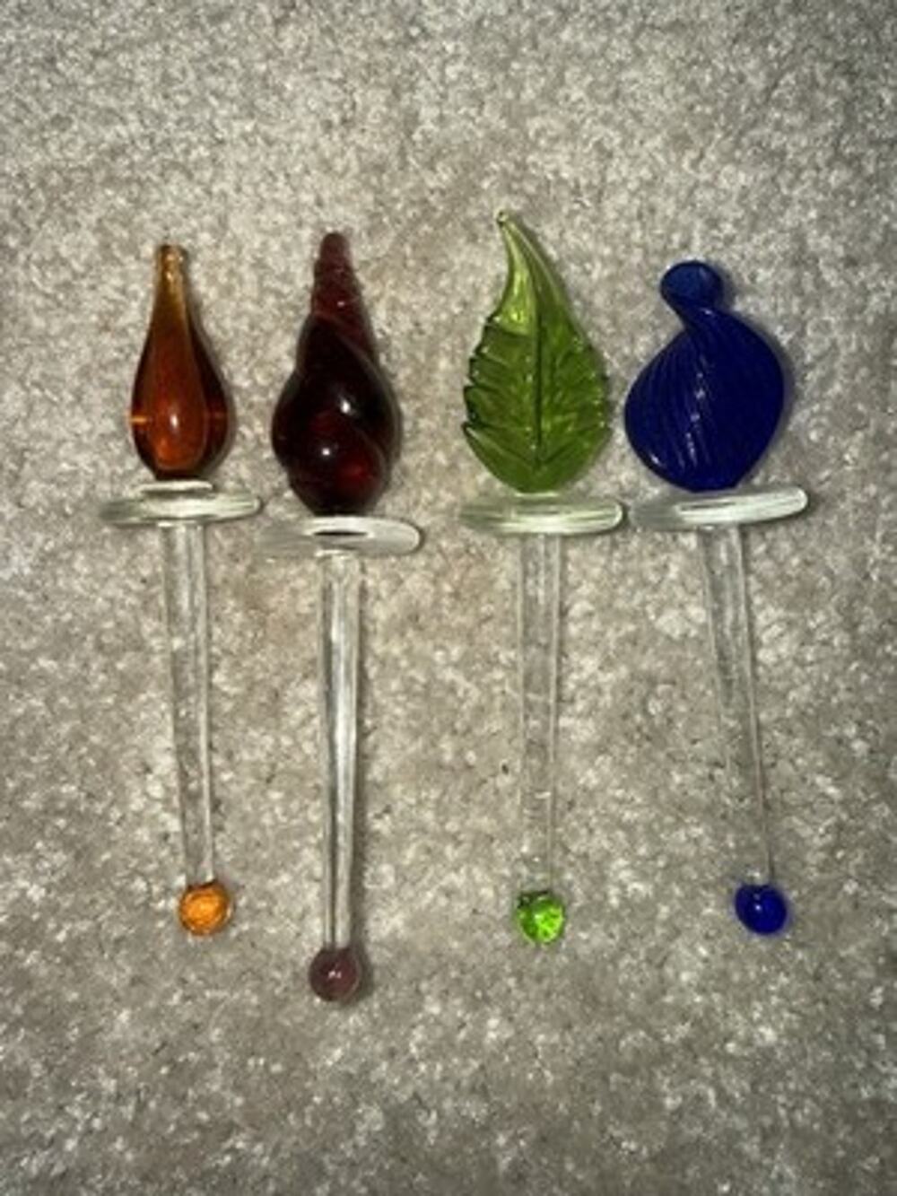 Vintage Hand Blown Art Glass Cocktail Stirrers Swizzle Sticks Leaf Twist Set 4